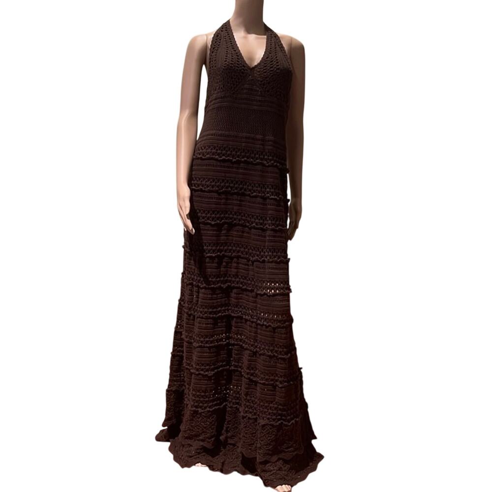Moda International brown crocheted halter maxi dress vintage Y2K boho small